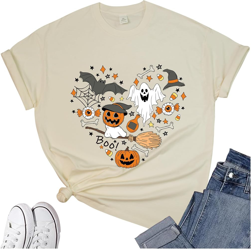 Women's Halloween Shirt: Love Art Patterns Halloween Party T-Shirt Crewneck Short Sleeve | Amazon (US)