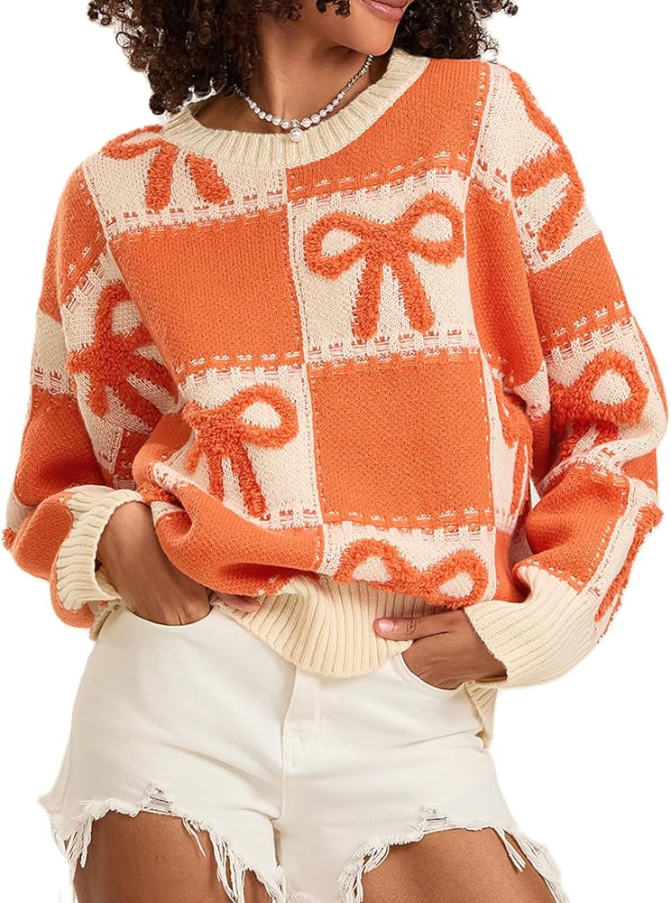 Women Bow Graphic Sweater Long Sleeve Y2k Bow Print Oversized Knitted Pullover Crew Neck Contrast... | Amazon (US)