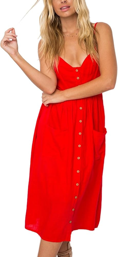 Angashion Women's Petite-Plus-Size Summer Floral Bohemian Spaghetti Strap Button Down Swing Midi Dre | Amazon (US)