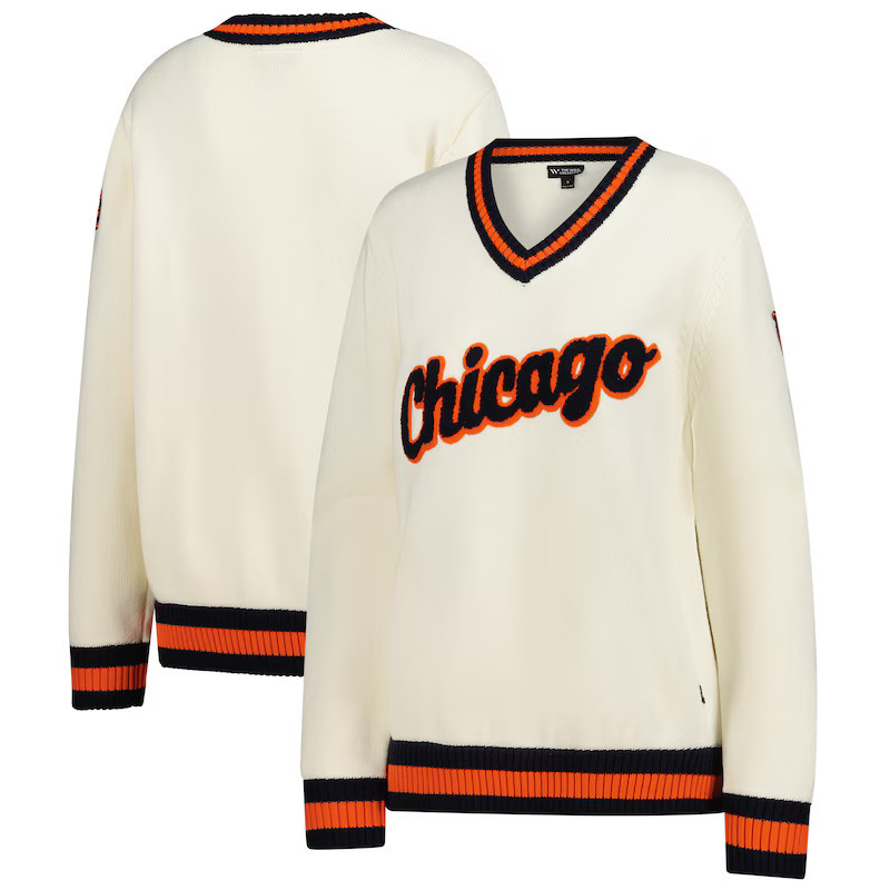 Women's The Wild Collective Cream Chicago Bears Jacquard V-Neck Sweater | Fanatics