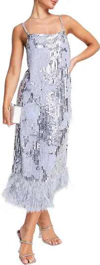 EDITION Sequin & Bead Faux Feather Hem Midi Dress | Nordstrom