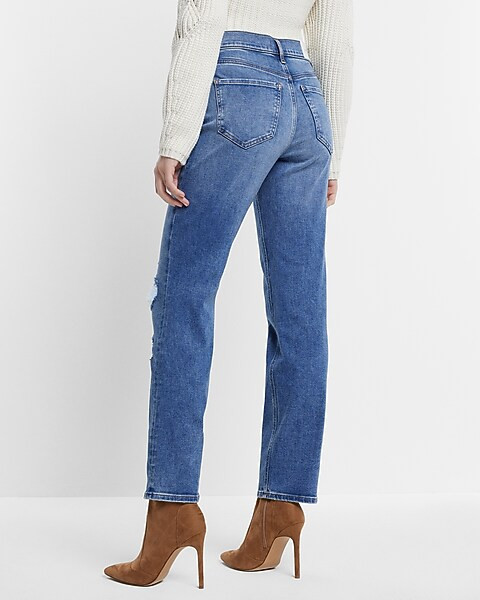 High Waisted Medium Wash Ripped Modern Straight Jeans | Express