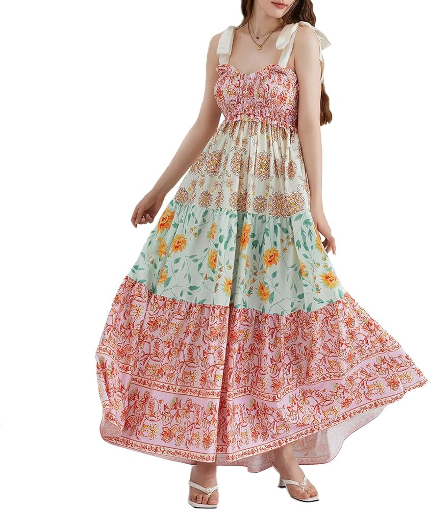 Women Summer Flowy Smocked Maxi Dress Sleeveless Spaghetti Strap Long Floral Dress Y2k Boho Beach... | Amazon (US)