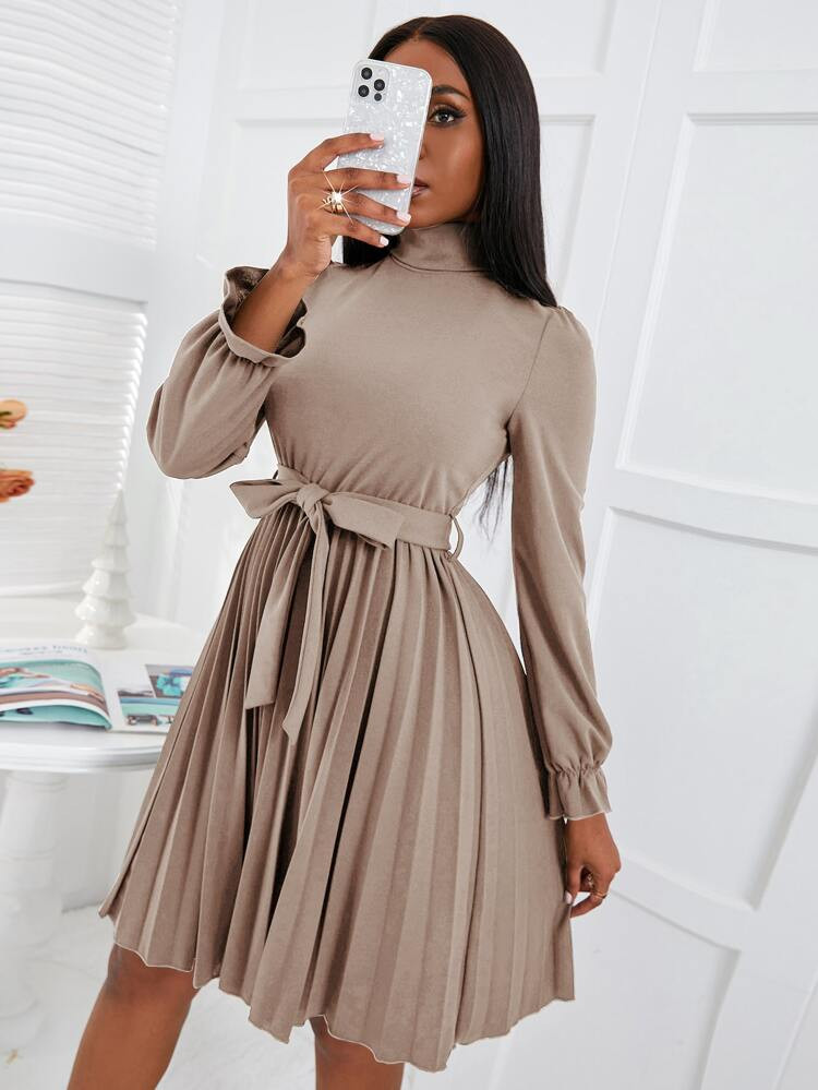 Turtleneck Flounce Sleeve Pleated Hem Belted Dress | SHEIN