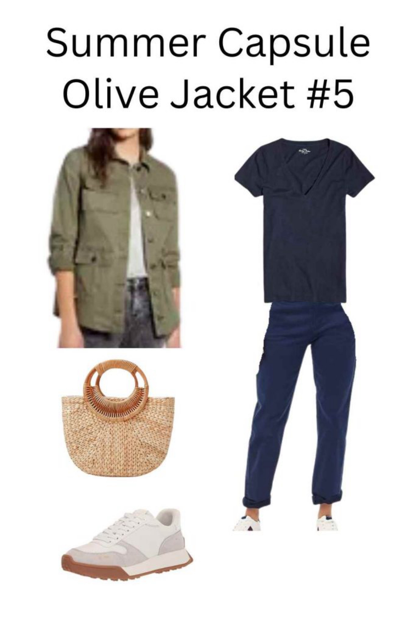 This look takes a navy tee, navy chinos, and adds the olive jacket. Keep the casual vibe in place by wearing white sneakers and a great buy of a tan bag!