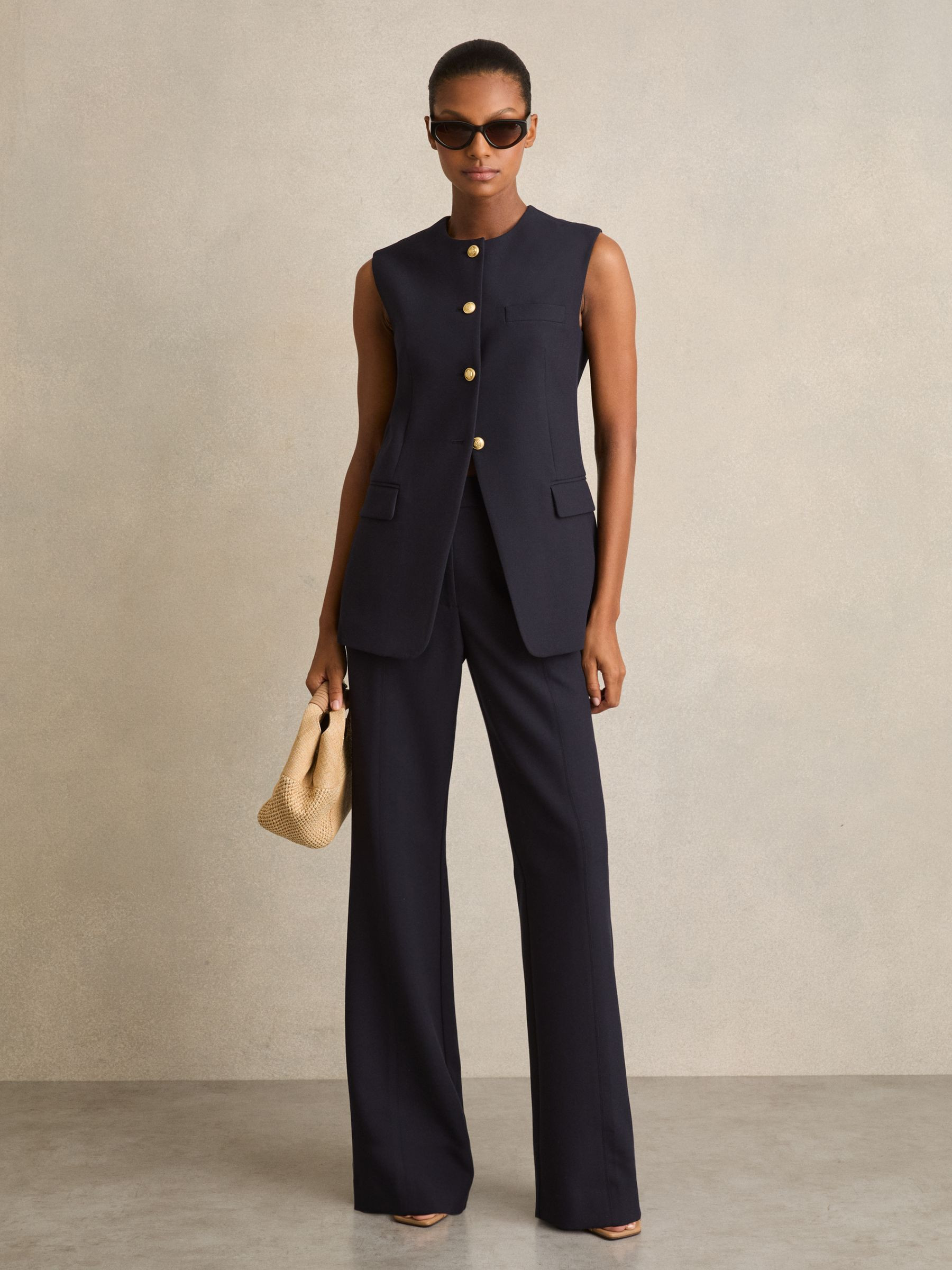 High-Neck Longline Waistcoat in Navy | Reiss UK