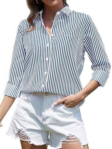 CUNLIN Women's Dark Blue Top Womens Long Sleeve Blouse Button Down Shirt Shirts Striped Women Blouses for Oversized Tops Midnight Blue Size L | Amazon (US)
