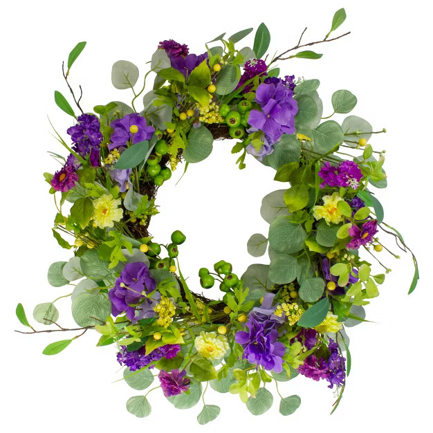 Northlight Eucalyptus and Hydrangea Floral Berry Spring Wreath, Purple and Yellow 23" | Target