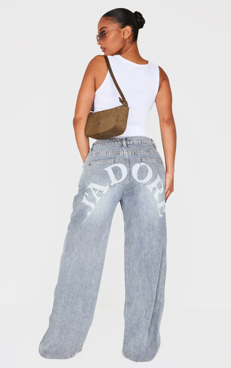 Shape Vintage Light Wash Low Rise Washed Jadore Print Wide Leg Denim Jeans | PrettyLittleThing US