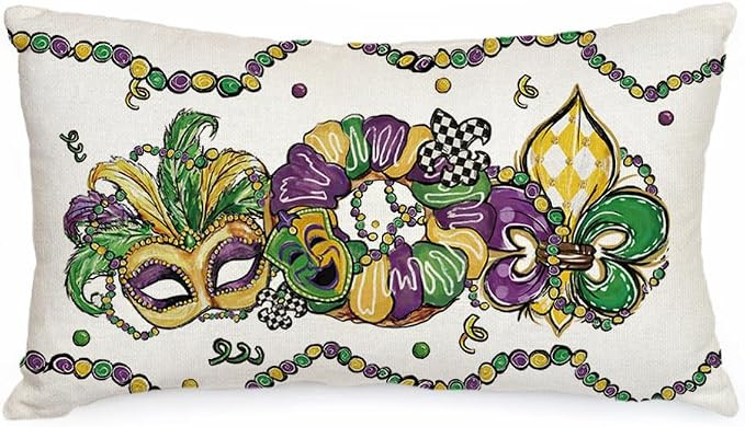 AACORS Mardi Gras Pillow Cover 12x20 Inch Masquerade Fleur De Lis Carnival Donuts Beads Decorativ... | Amazon (US)