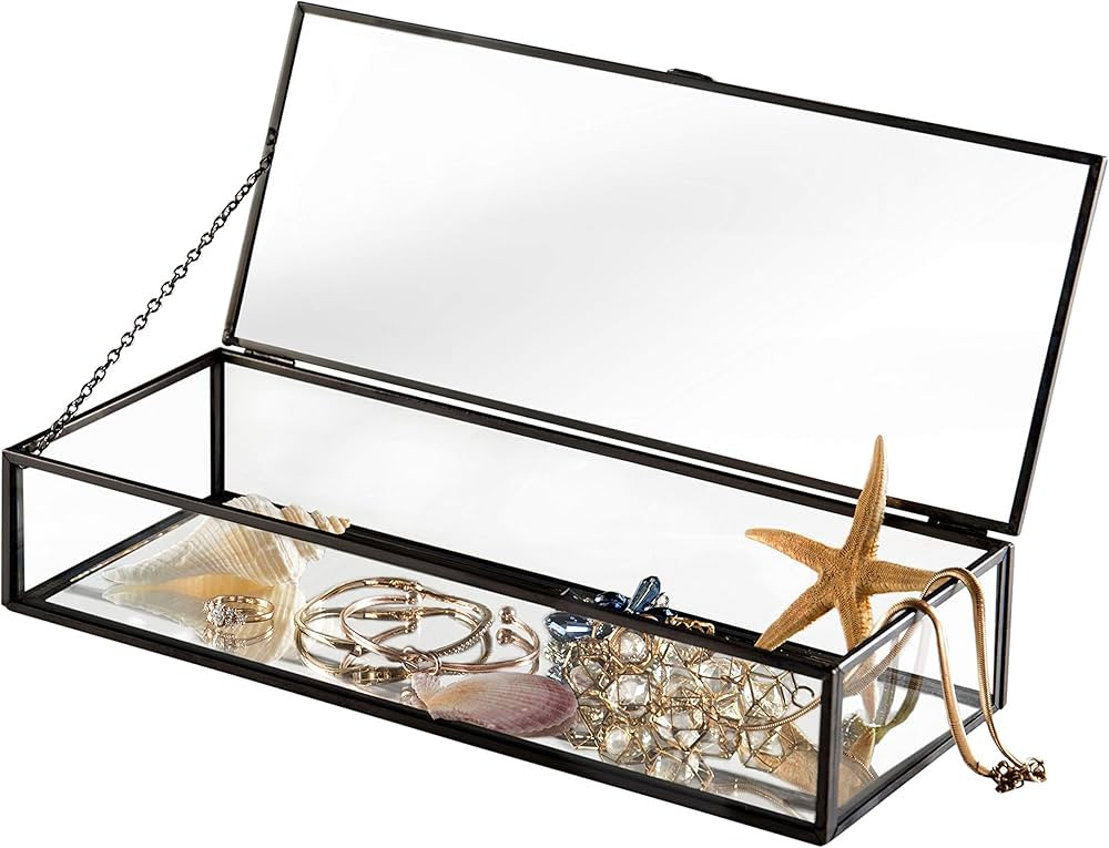 MyGift Glass Jewelry Box, Vintage Style Black Metal & Clear Glass Mirrored Shadow Box Jewelry Dis... | Amazon (US)