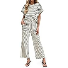 Tankaneo Womens Striped 2 Piece Sets Short Sleeve T Shirts Wide Leg Pants Matching Lounge Set wit... | Amazon (US)