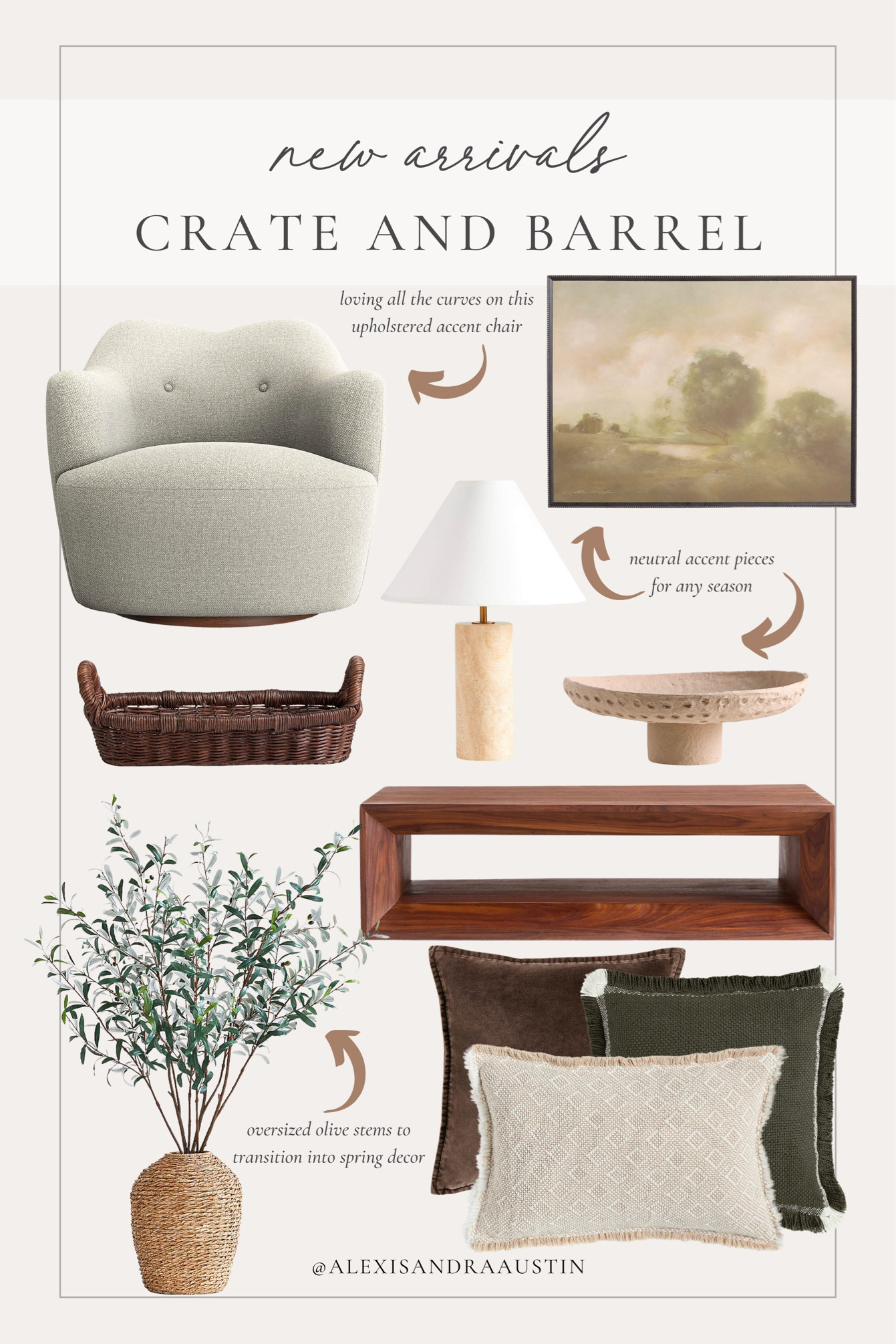 Spring arrivals from Crate and Barrel! Loving these statement finds including oversized olive stems, oversized art, and moody throw pillows

Home finds, new arrivals, Crate and Barrel, spring refresh, olive stems, coffee table faves, table lamp, throw pillow, woven basket, neutral decor, canvas art, accent chair, living room refresh, neutral home inspo, aesthetic style, shop the look!

#LTKStyleTip #LTKSeasonal #LTKHome