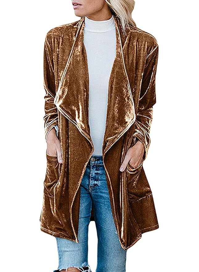 FUTURINO Women's Solid Long Sleeve Velvet Jacket Open Front Cardigan Coat with Pockets Outerwear | Amazon (US)