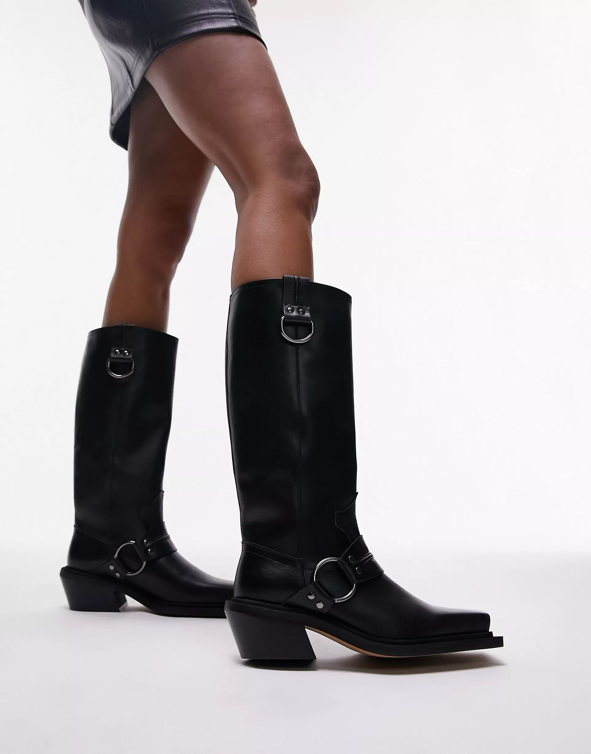 Topshop Rain premium leather western knee boots in black | ASOS (Global)