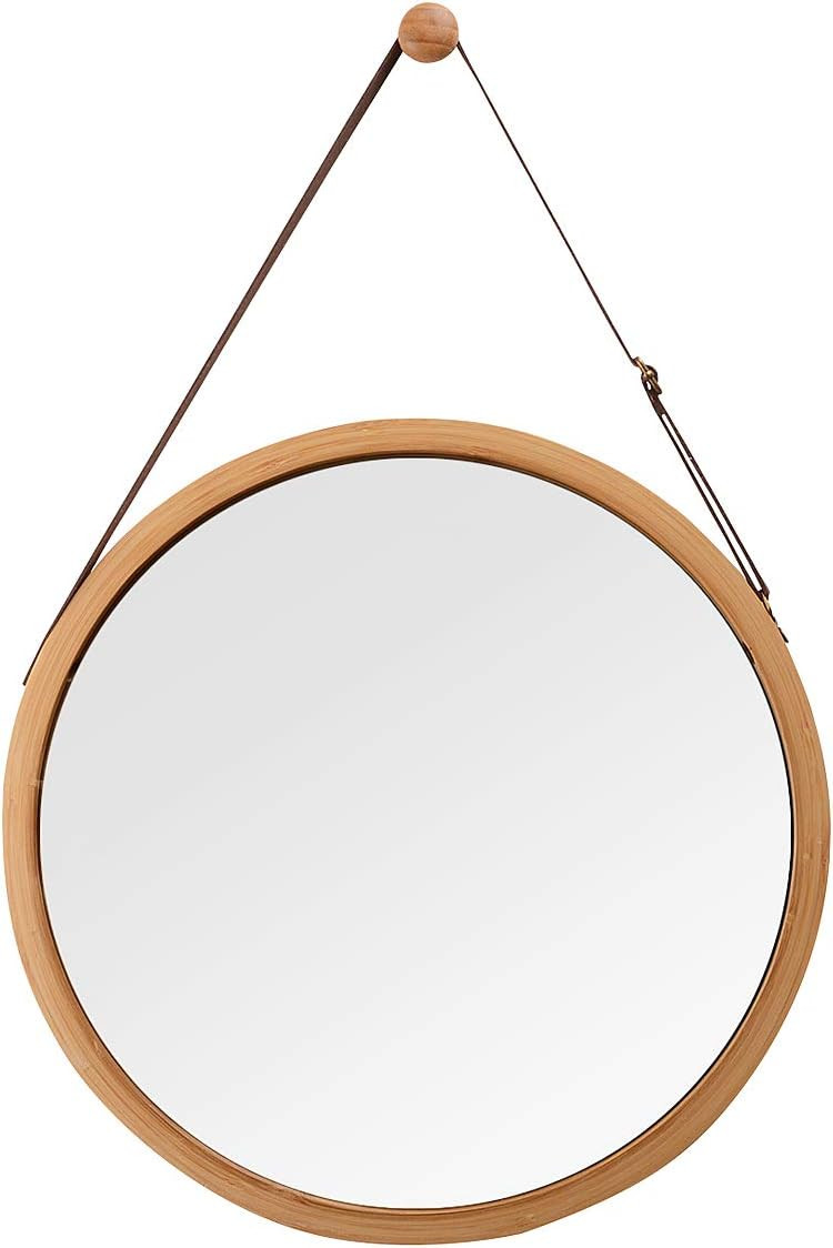 Hanging Round Wall Mirror in Bathroom & Bedroom - Solid Bamboo Frame & Adjustable Leather Strap (... | Amazon (US)