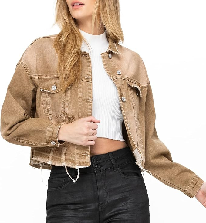 LONGYIDA Denim Jackets for Women Button Down Cropped Frayed Jean Jacket Long Sleeve Distressed Ri... | Amazon (US)
