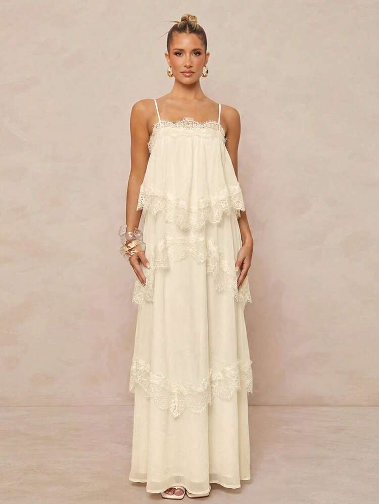 Lumalex Cream White Lace Trim Tiered Maxi Dress,Elegant Summer Layered Chiffon Spaghetti Straps F... | SHEIN