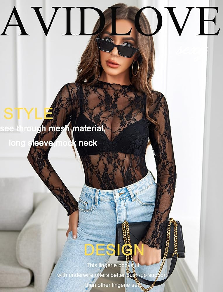 Avidlove Women's Mesh Top Long Sleeve Mock Neck Sheer Blouse See Through Floral Lace Tops | Amazon (US)