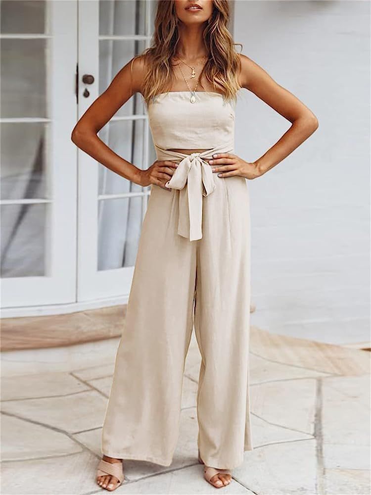 Women Casual Loose Cutout Off Shoulder Strapless Belted Straight Wide Leg Long Jumpsuit Romper Pants | Amazon (US)