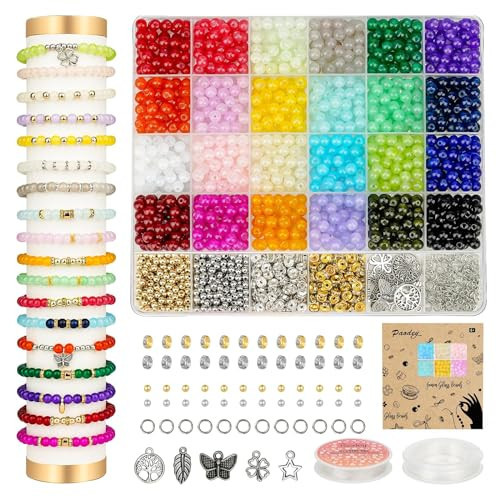 Paodey 6mm Glass Beads Bracelet Making Kit 1400pcs, 24 Colors Crystal Beads for Jewelry Making Round Beads DIY Crafts with Spacer Beads Charms Accessories | Amazon (US)