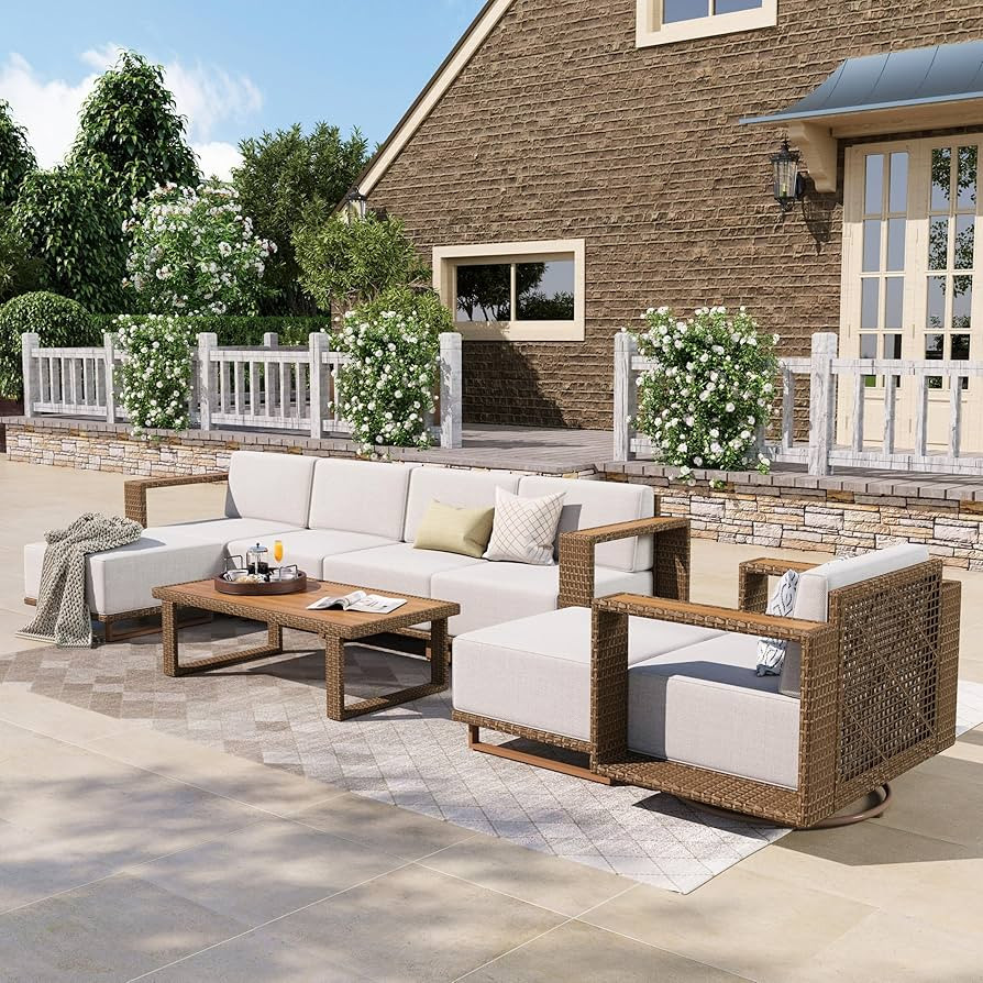 HERA'S HOUSE Patio Sectional Furniture Set with Swivel Chairs, Modular Outdoor Conversation Set w... | Amazon (US)