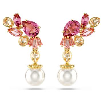 Gema drop earrings, Mixed cuts, Crystal pearls, Flower, Pink, Gold-tone plated by SWAROVSKI | SWAROVSKI