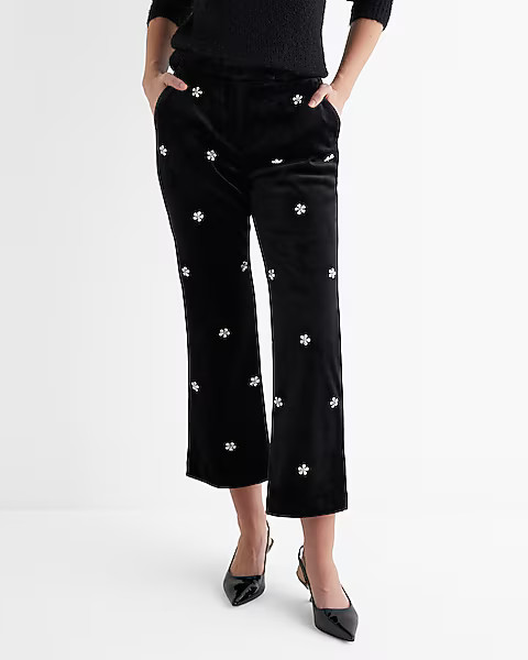 High Waisted Velvet Embellished Cropped Straight Leg Pant | Express