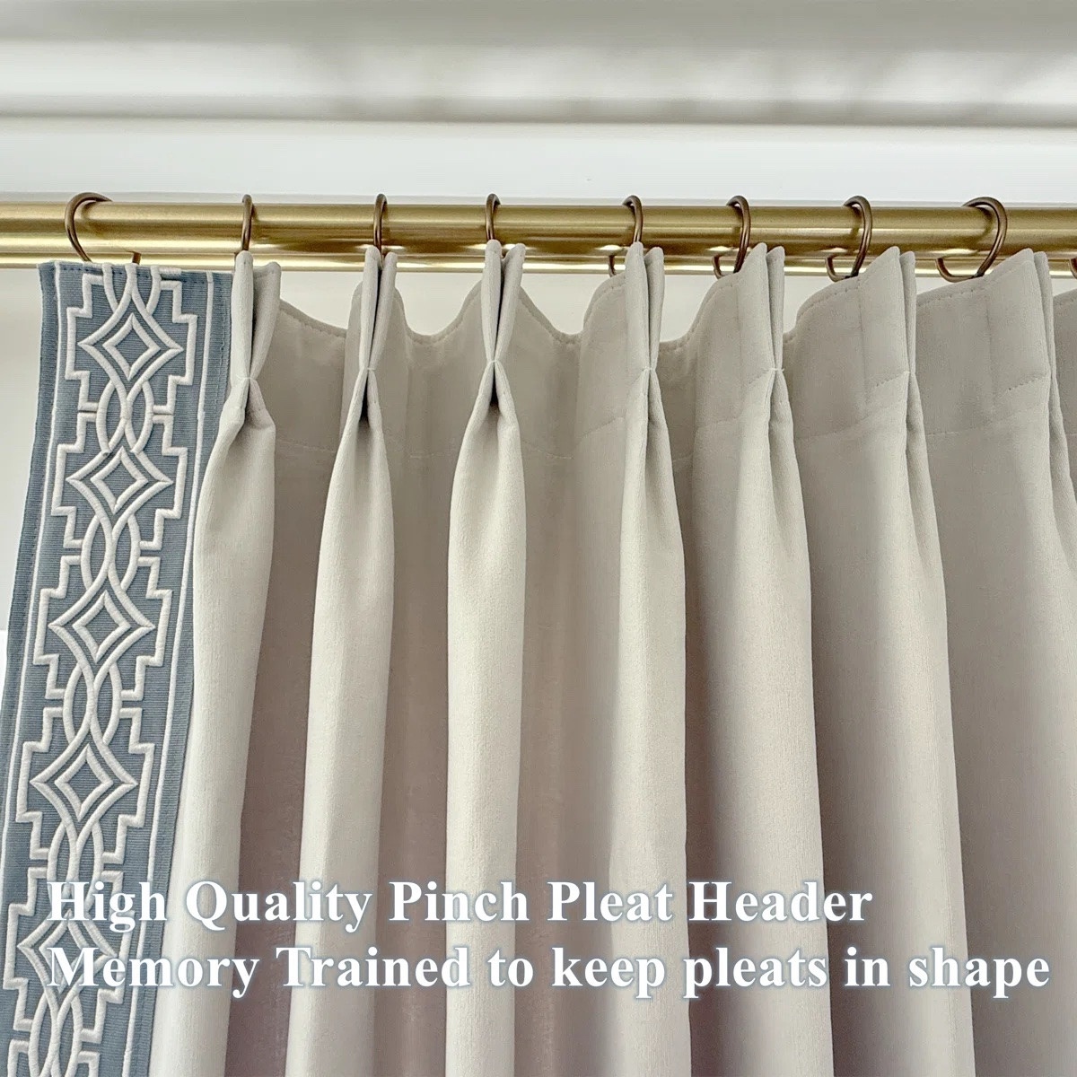 Over 50% off pinch pleat curtains with embroidered fabric trim