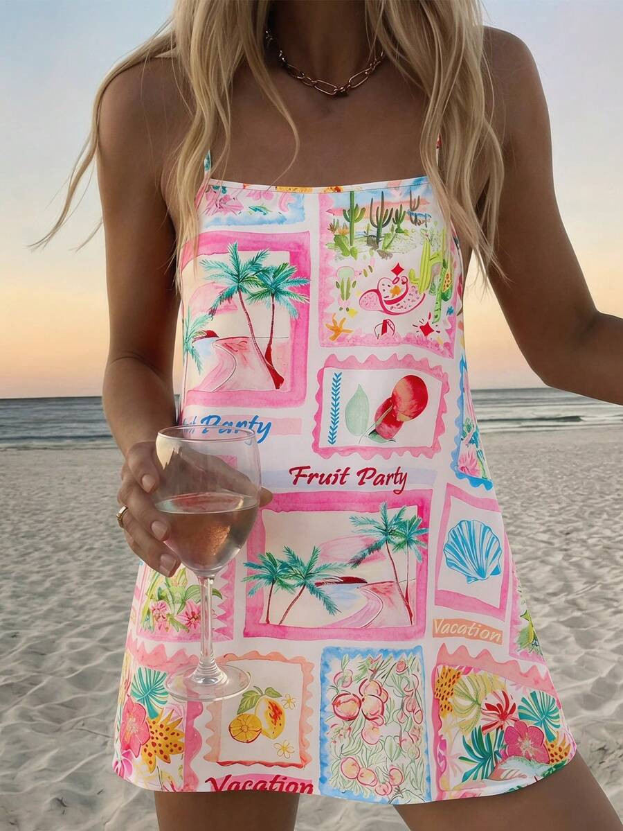 Vivid Eden Women's Summer Casual Beach Vacation Tropical Patchwork Print Loose Mini Camisole Dres... | SHEIN