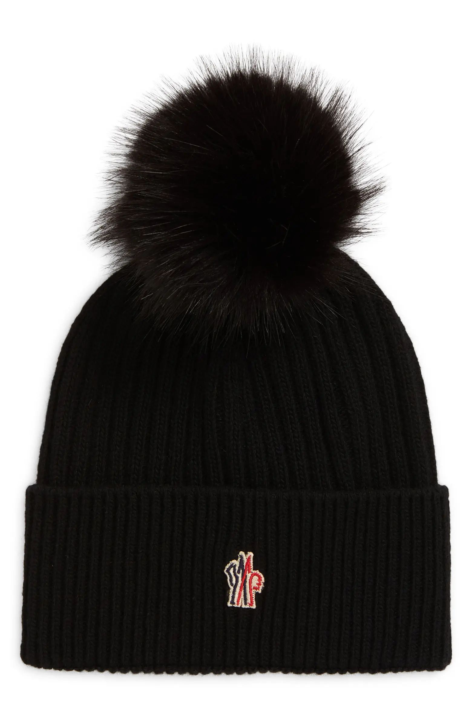 Moncler Rib Cashmere Blend Beanie with Faux Fur Pompom | Nordstrom | Nordstrom