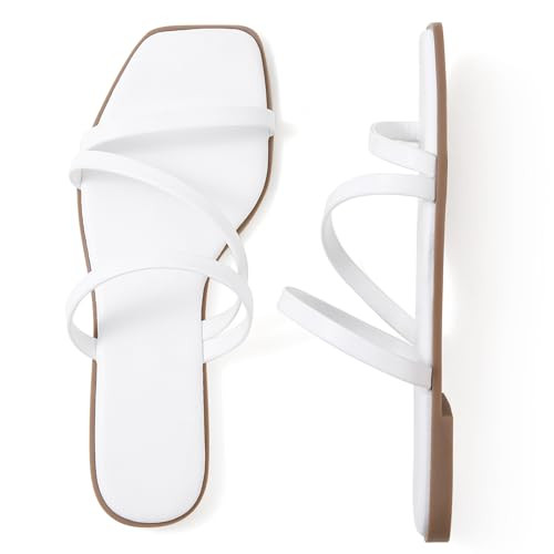 LACUONE Strappy Flat Sandals For Women Slip On Square Open Toe Slides Sandals(9,White) | Amazon (US)