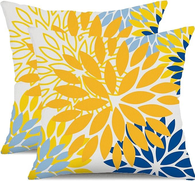 Yellow Blue Flower Pillow Covers 18x18 Inch Set of 2 White Gray Colored Throw Pillows Outdoor Wat... | Amazon (US)