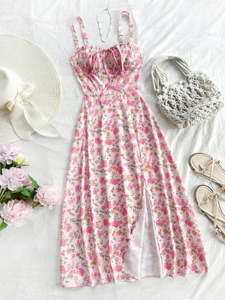 SHEIN WYWH Women's Floral Print Vacation Spaghetti Strap Dress With Empire Waist And High Slit | SHEIN