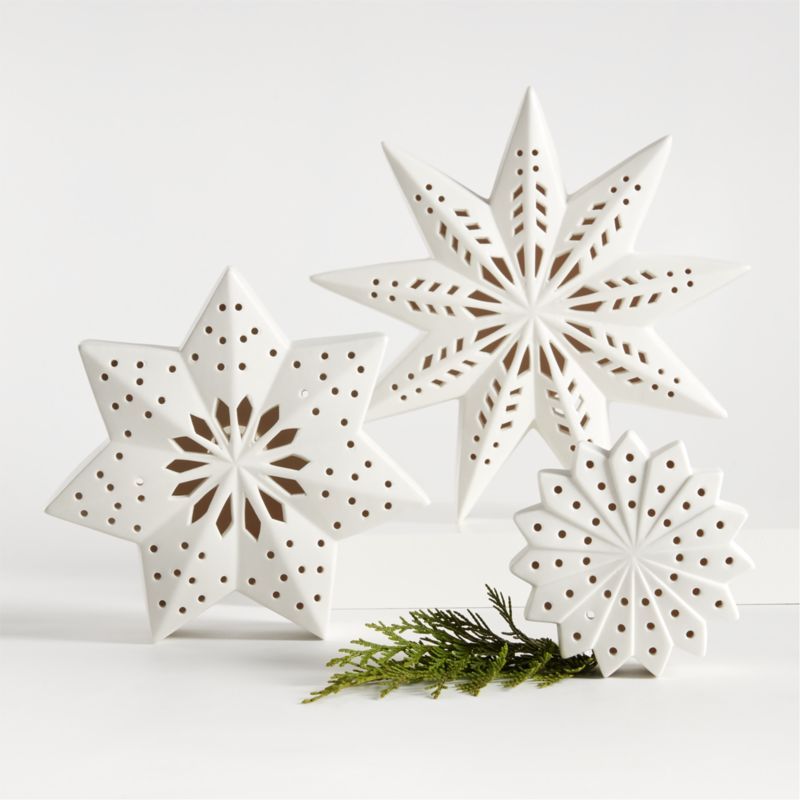 LED White Holiday Ceramic Snowflakes | Crate & Barrel | Crate & Barrel