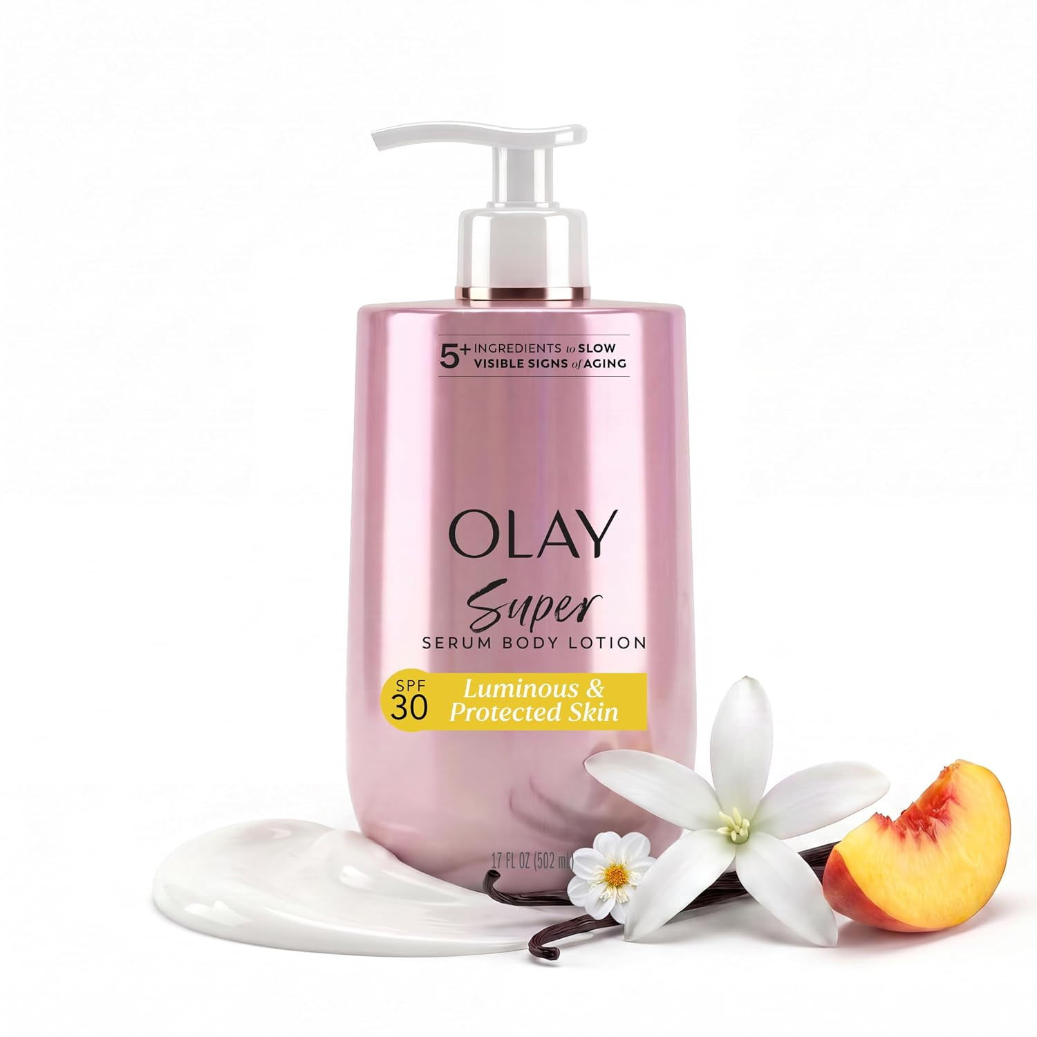Olay Super Serum Body Lotion, SPF 30, Daily UV Protection, 24hr Long Lasting Hydration, 5+ Ingredient Complex for Bright Even Firm Luminous Skin, Prevents Aging, Peach & Sweet Cream Scent, 17 fl oz | Amazon (US)