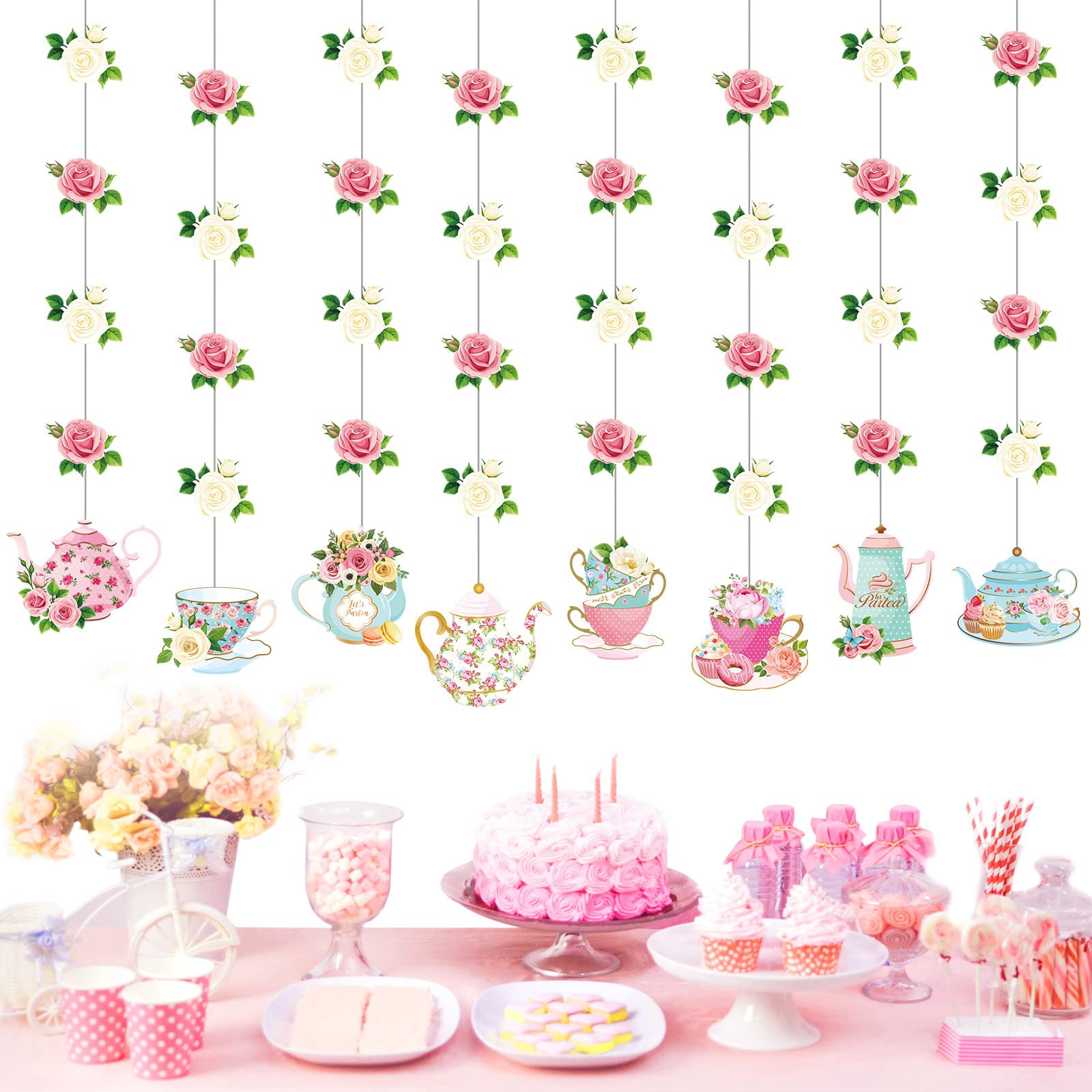 Faccito Floral Tea Party Decorations Double Sided Tea Party Hanging Garland Decor for Baby Shower... | Amazon (US)