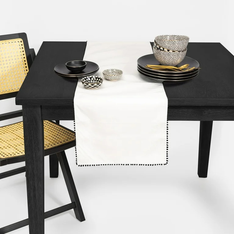 Thyme & Table Table Runner, Ivory with Black Pom Pom Trim, 14 x 72" | Walmart (US)