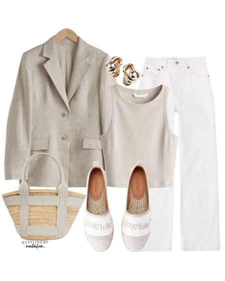 Fitted linen blazer, white high rise jeans, beige crop top, off white espadrilles, Demellier straw bag, two tone earrings.
Neutral outfit, spring outfit, ootd #neutral #jeans #springlook

#LTKstyletip #LTKeurope #LTKSeasonal