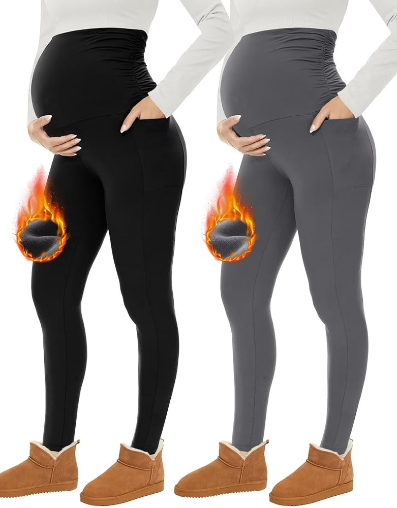 Fotociti Fleece Lined Maternity Leggings with Pockets Over The Belly,Pregnancy Thermal Warm Worko... | Amazon (US)