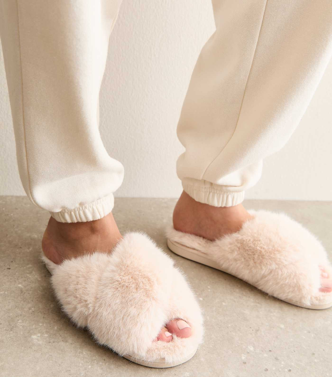 Off White Faux Fur Cross Slippers | New Look | New Look (UK)