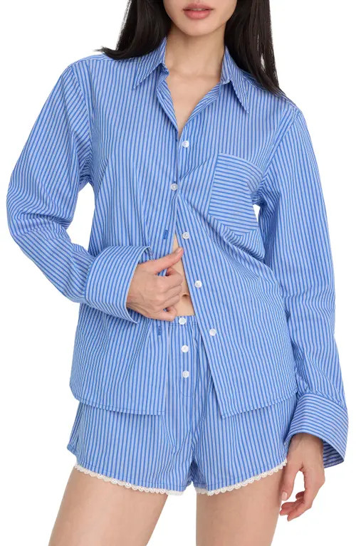 Good American Classic Boxy Poplin Button-Up Shirt in Blue White Stripe at Nordstrom, Size Medium | Nordstrom