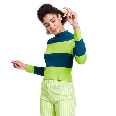 Women's Striped Mock Turtleneck Pullover Sweater - Victor Glemaud x Target Teal Blue/Green | Target