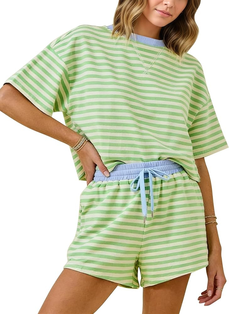 Women\u2019s Striped 2 Piece Outfits Summer Short Sets Oversized Lounge Sets Casual Matching Paja... | Amazon (US)