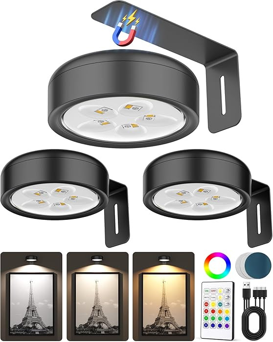 3 Pack Picture Lights for Wall,Wireless 2000mAh Rechargeable Magnetic LED Puck Lights with Remote... | Amazon (US)