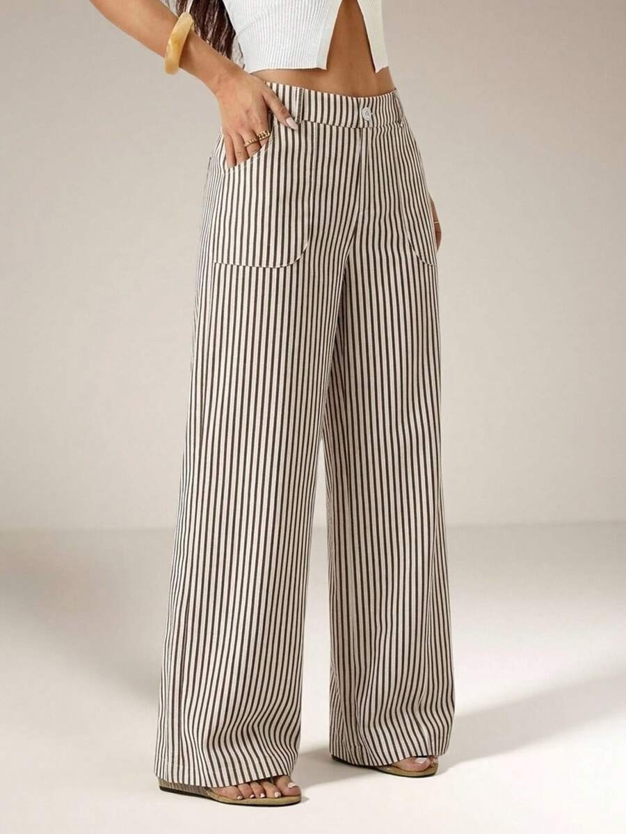 SHEIN PETITE Low Waist Wide Leg Pants Linen For Women Summer Fall, Petite Women | SHEIN