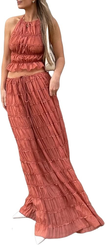 LETSVDO Skirt Sets Women 2 Piece Outfits Backless Halter Top And Pleated Ruffle Flowy Maxi Skirts... | Amazon (US)
