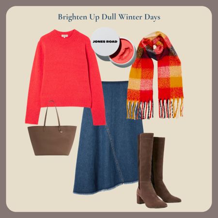 Brighten dull winter days with a cosy red sweater, denim skirt, check scarf, Jones Road skin brightener, sale taupe knee boots, sale taupe tote bag

#LTKover40 #LTKsalealert #LTKeurope