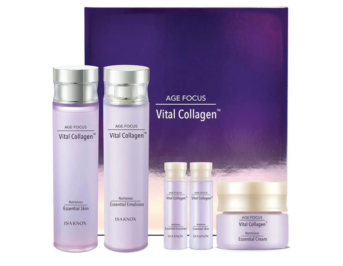 ISA KNOX AGE FOCUS VITAL COLLAGEN SKINCARE GIFT SET (370ml / 12.51 Fl Oz) - Korean Luxury Premium High-end Skin Toner, Emulsion Lotion, Cream by LG BEAUTY.
Hydrolyzed 

Korean skincare set
