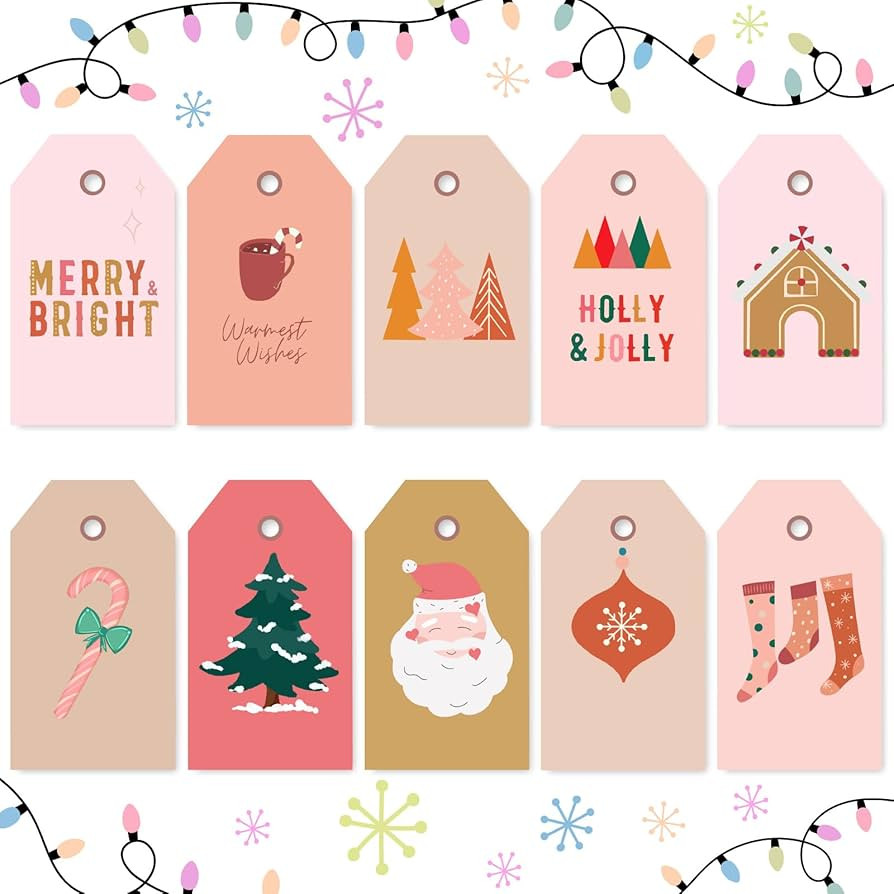 AnyDesign 100Pcs Boho Christmas Paper Gift Tags with Hemp Rope Pink Xmas Tree Santa Tag Pre-Punched  | Amazon (US)